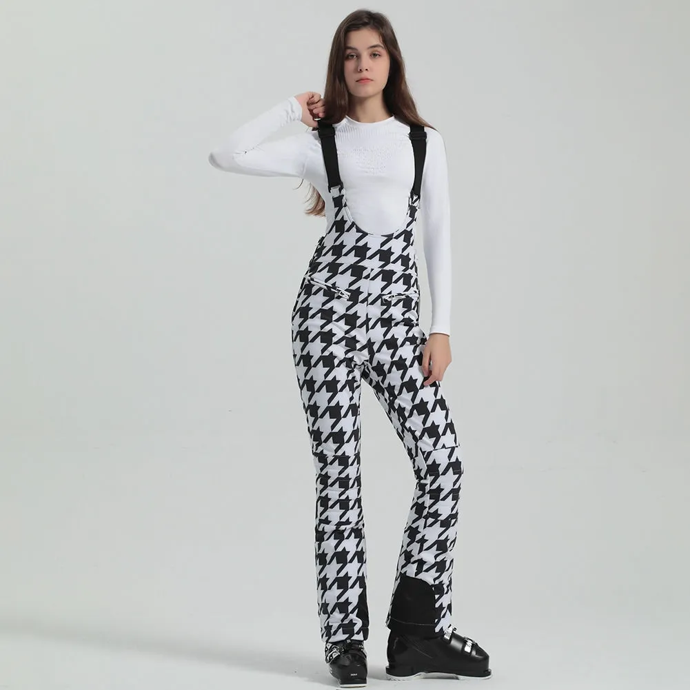 High Waist Zipper Houndstooth Slim Salopette Ski Pants