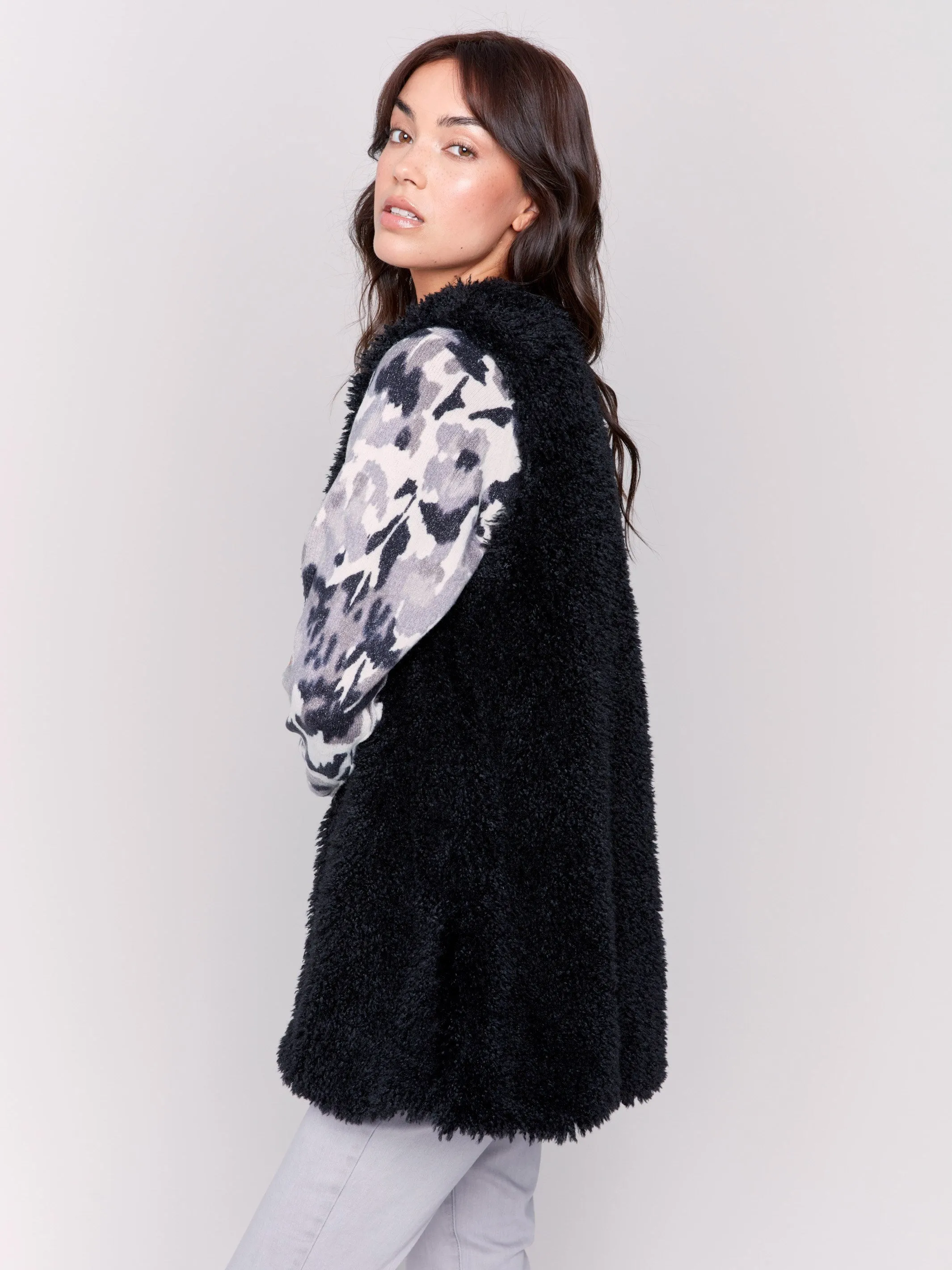 Long Faux Fur Vest - Black