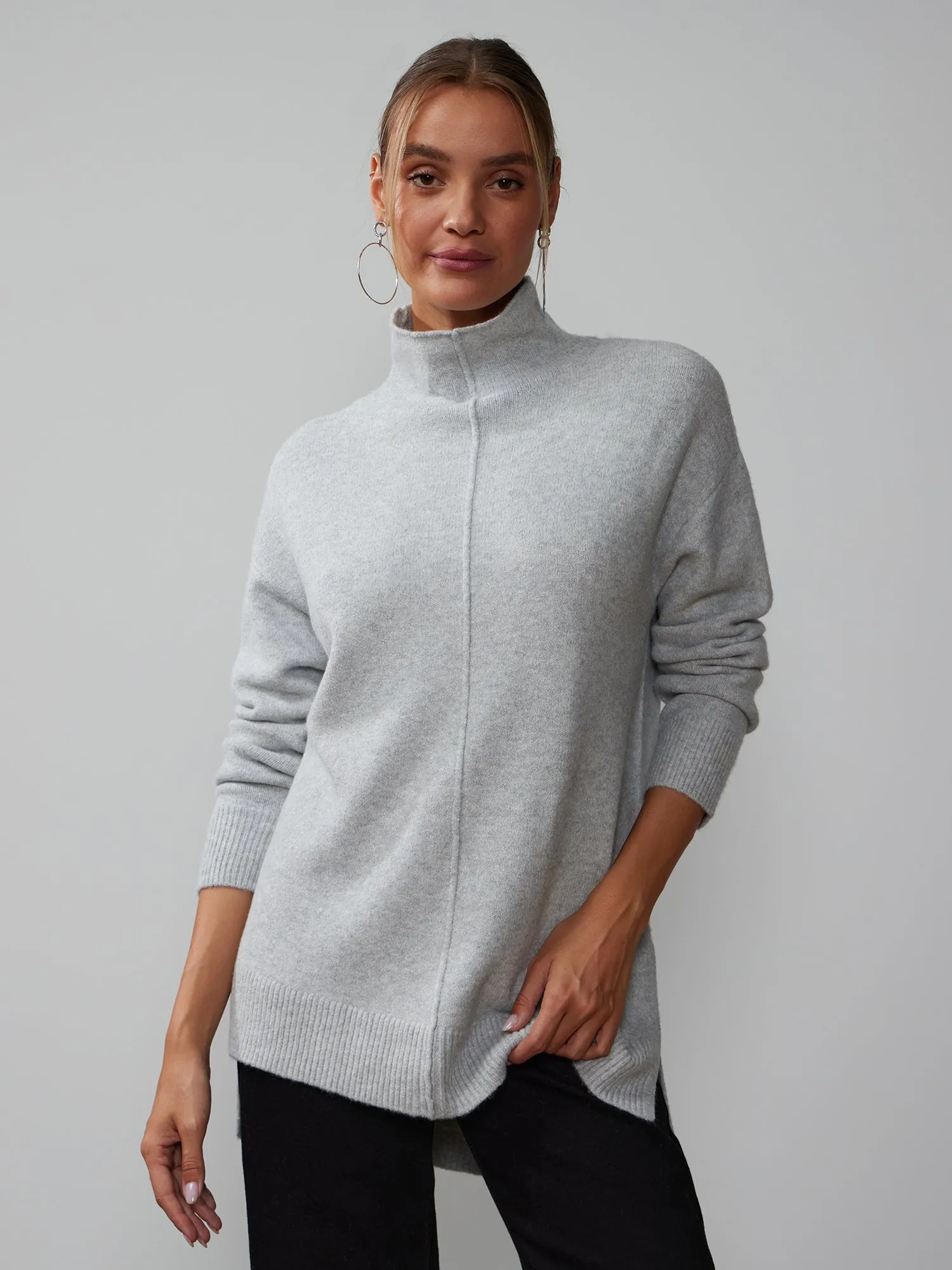 Long Sleeve Asymmetrical Hem Mock Neck Sweater