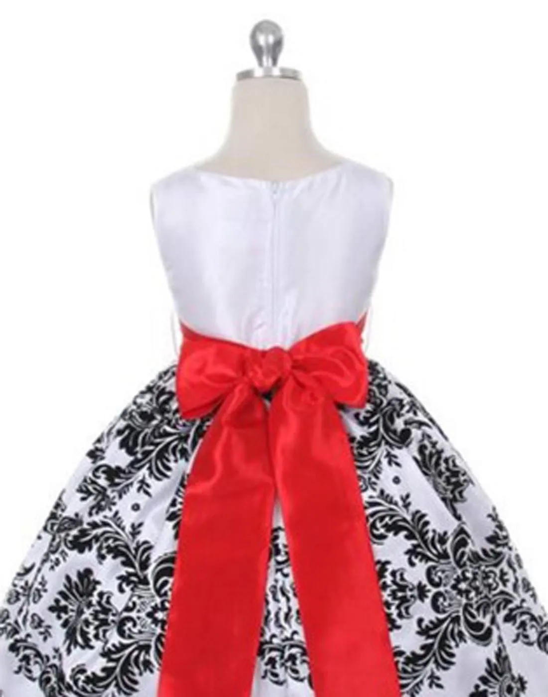 Lovely Dress with Black Velvet Flocked Damask On White Taffeta - Red