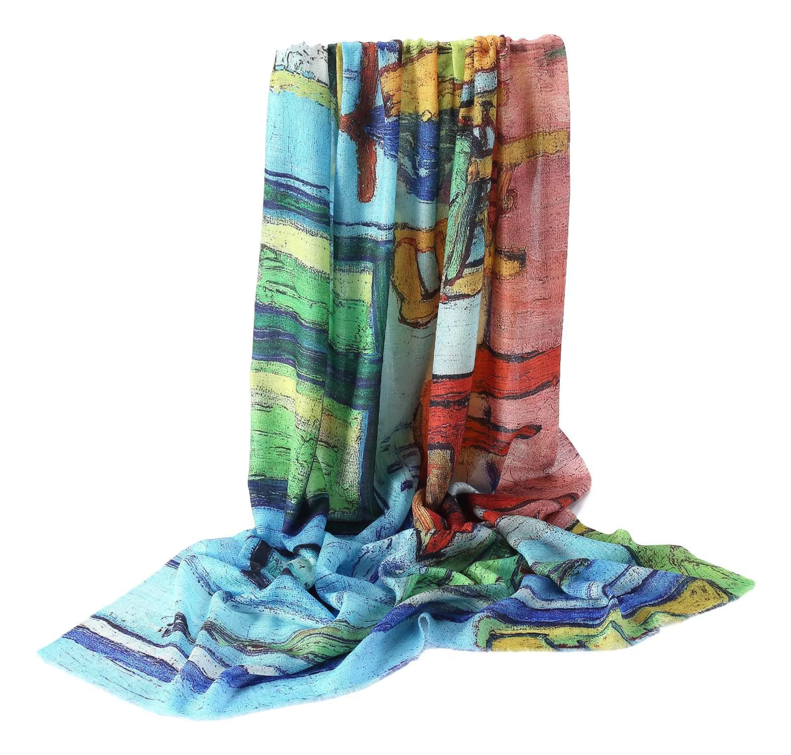 Luxurious Extra Wide 100% Cashmere Scarf & Wrap Blue and Yellow Art Print CSH223