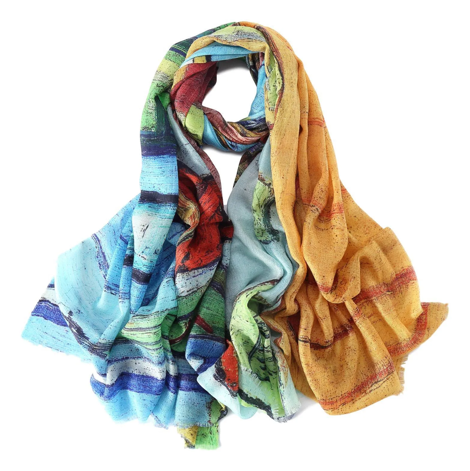 Luxurious Extra Wide 100% Cashmere Scarf & Wrap Blue and Yellow Art Print CSH223