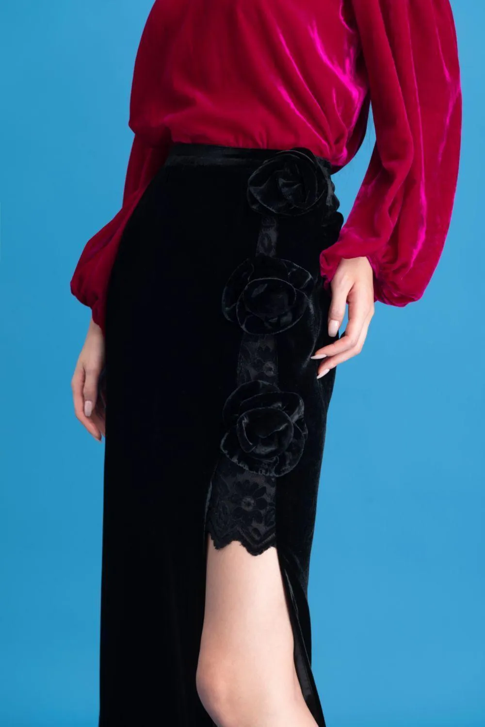 Lyra Asymmetric Side Slit Velvet Ankle Length Skirt