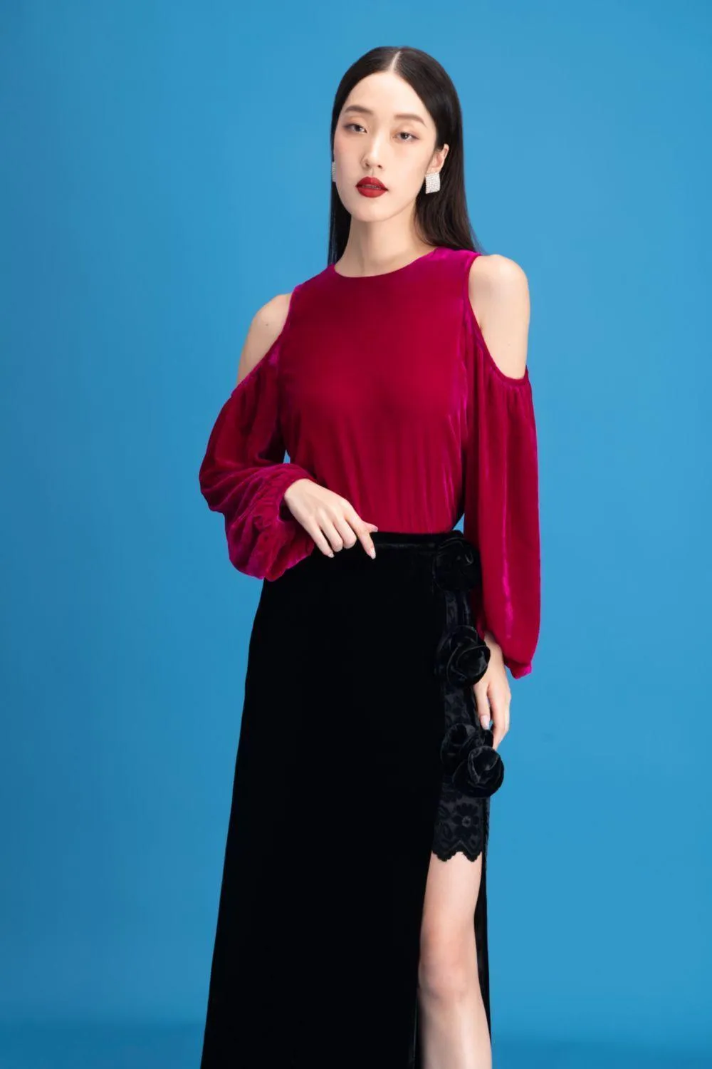 Lyra Asymmetric Side Slit Velvet Ankle Length Skirt