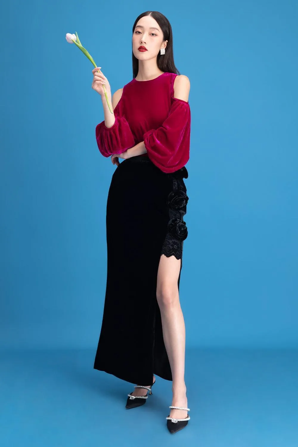 Lyra Asymmetric Side Slit Velvet Ankle Length Skirt