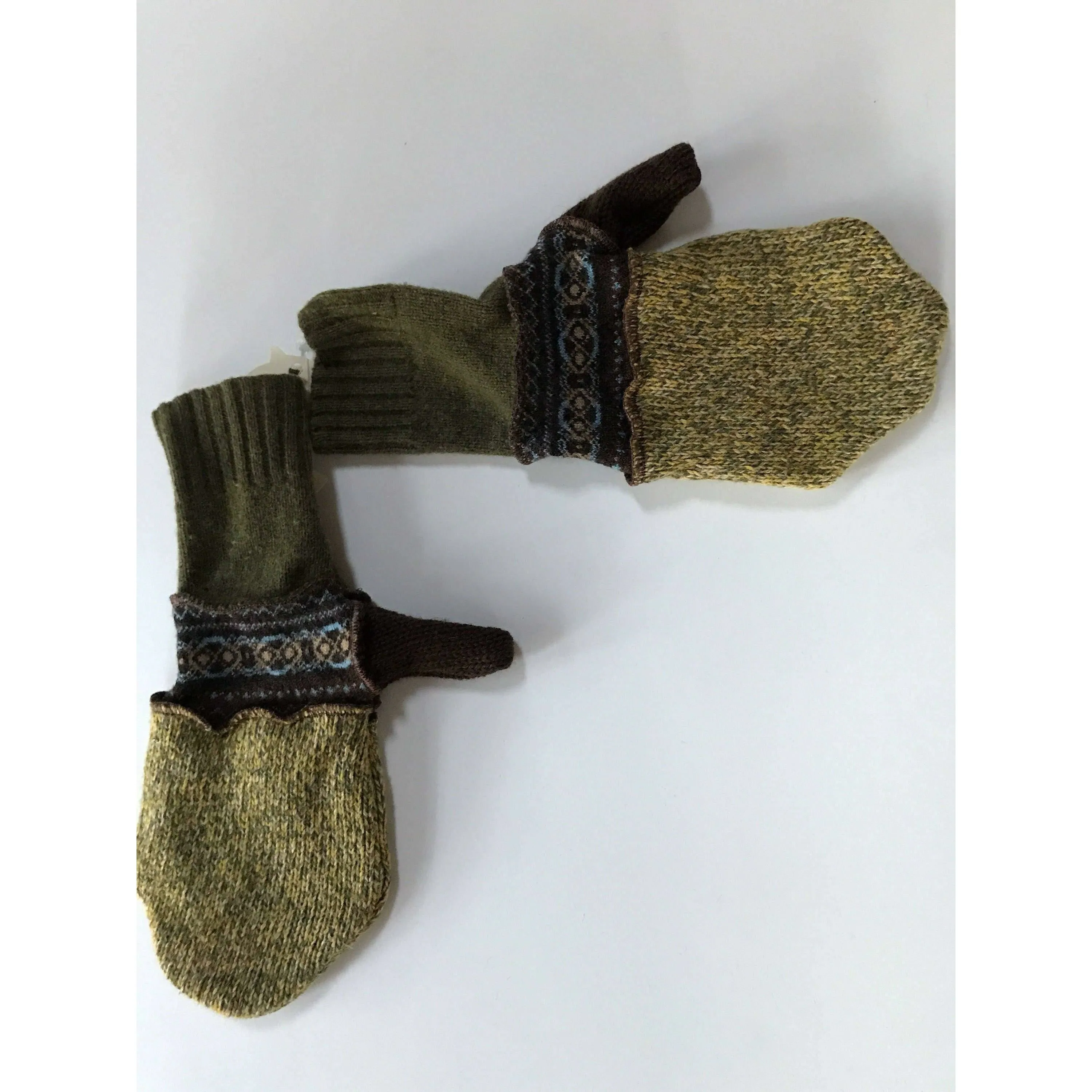 New and Upcycled Recycled Lined sweater mitten gloves in greens and browns. Warm and soft.