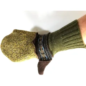 New and Upcycled Recycled Lined sweater mitten gloves in greens and browns. Warm and soft.