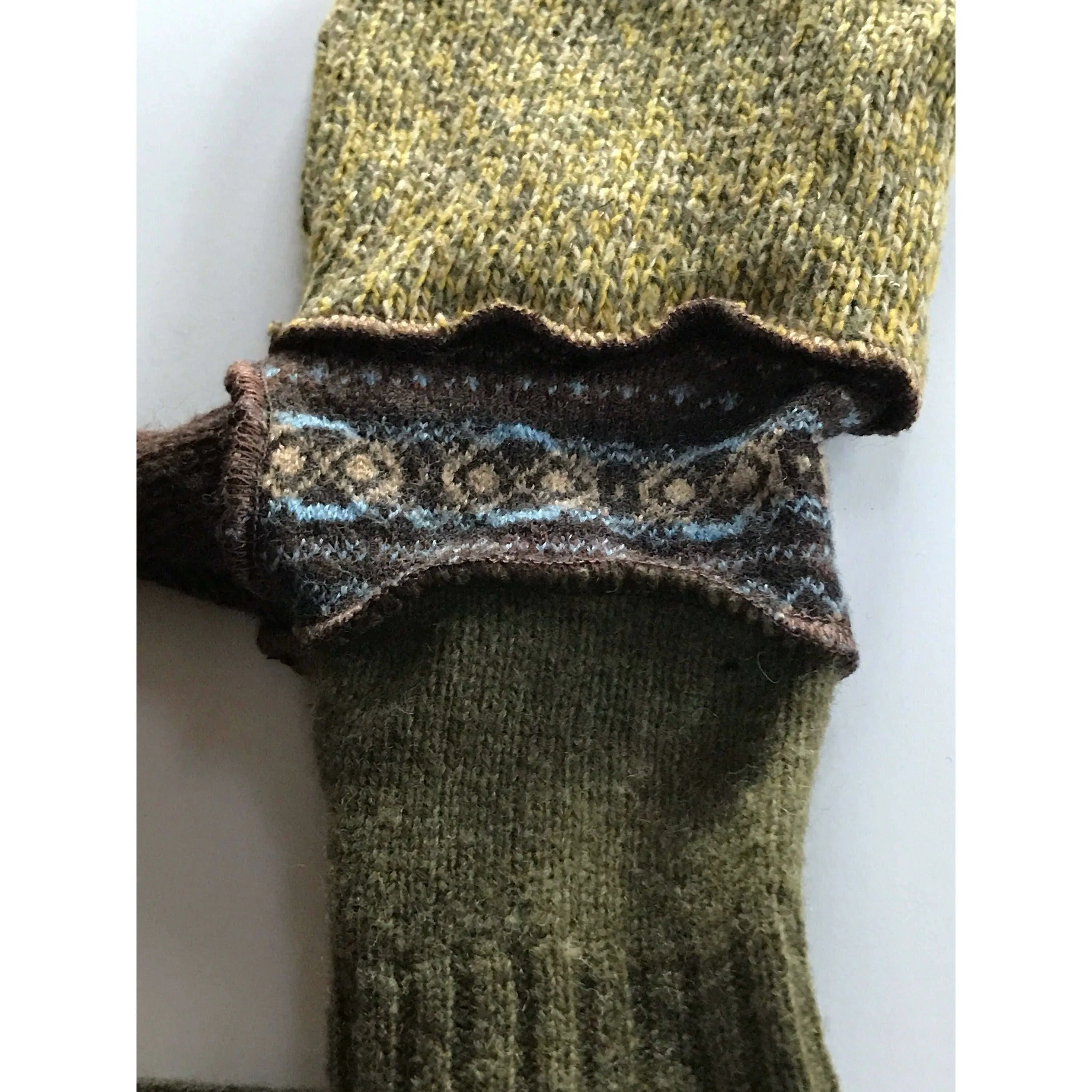 New and Upcycled Recycled Lined sweater mitten gloves in greens and browns. Warm and soft.