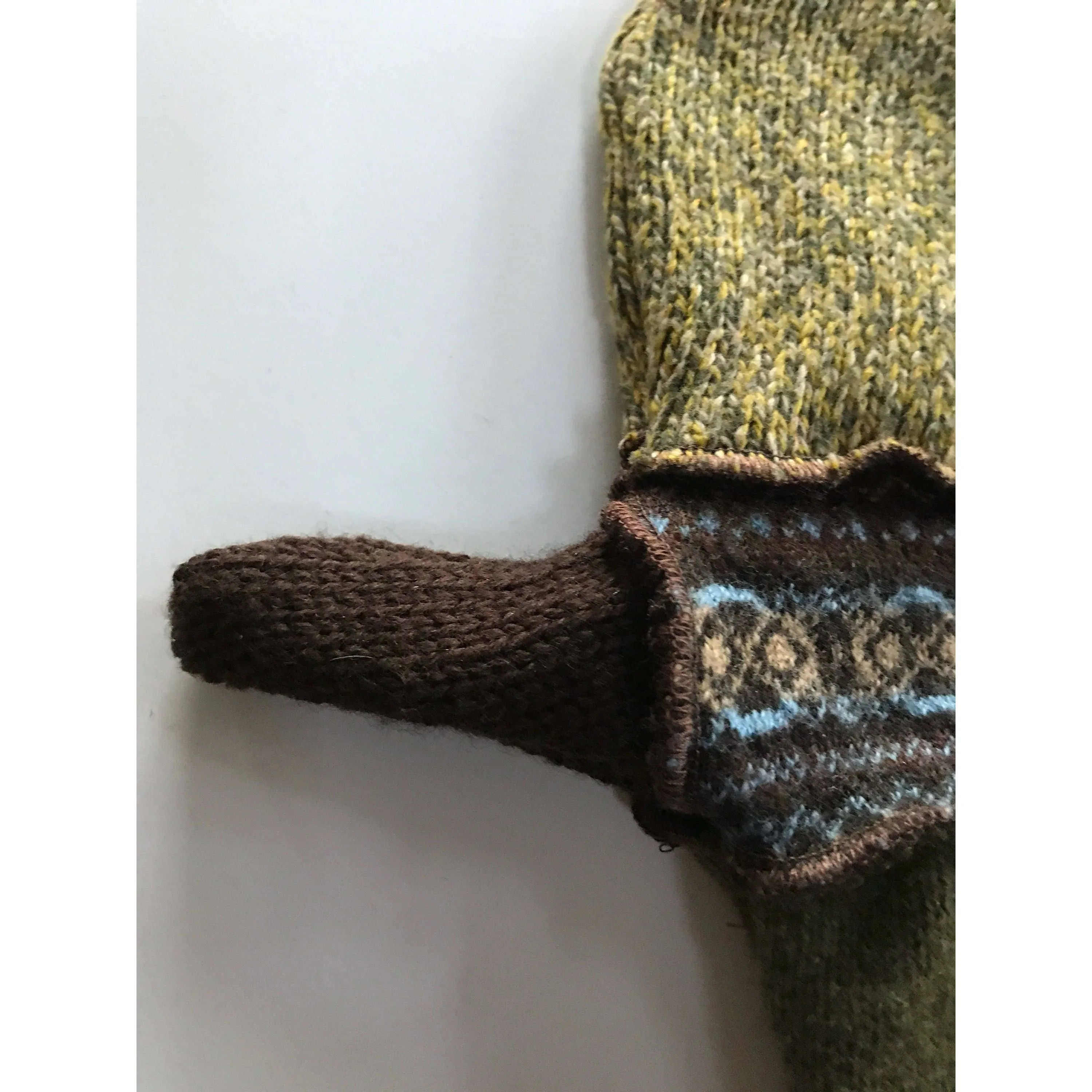 New and Upcycled Recycled Lined sweater mitten gloves in greens and browns. Warm and soft.