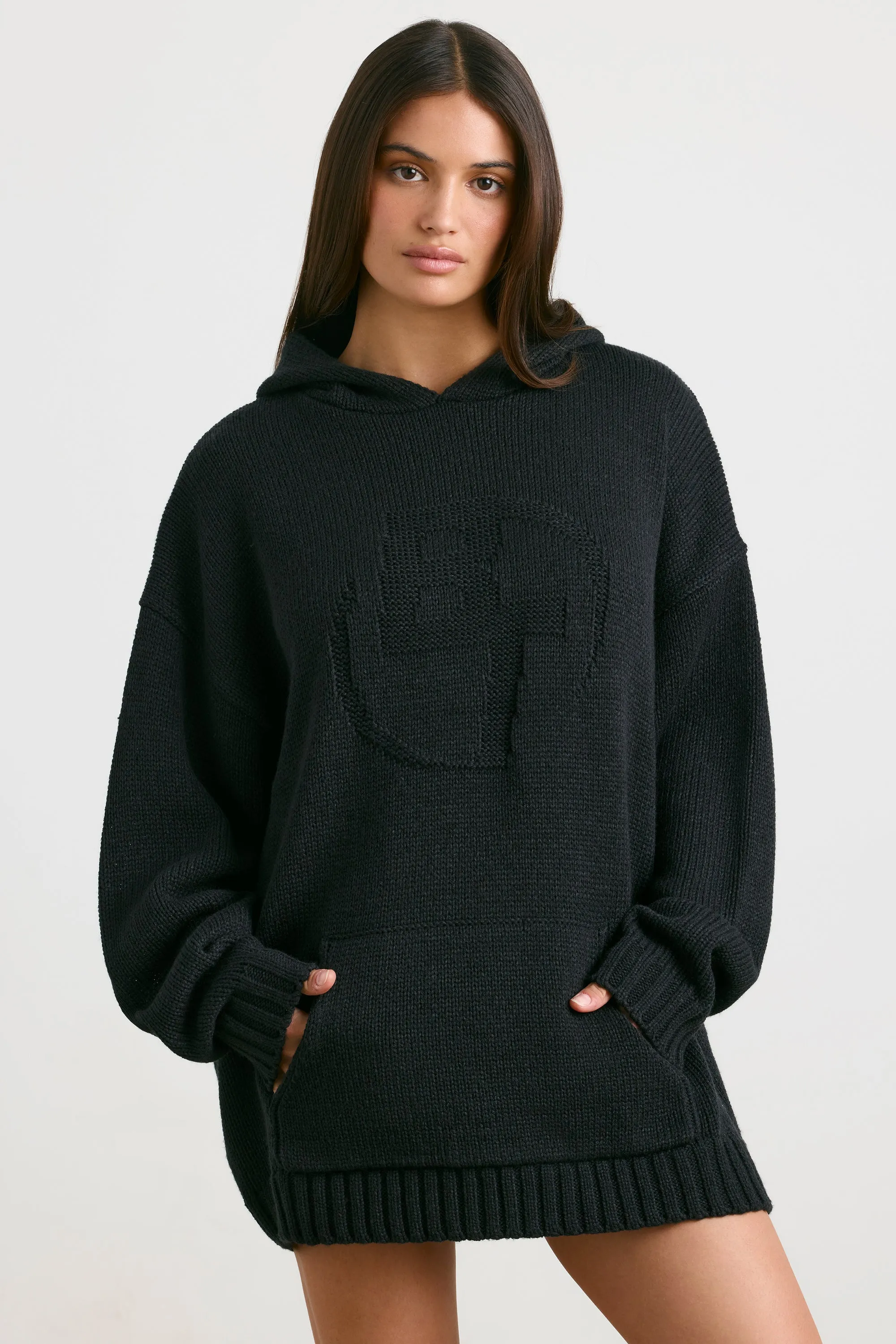 Oversized Chunky Knit Hoodie in Black