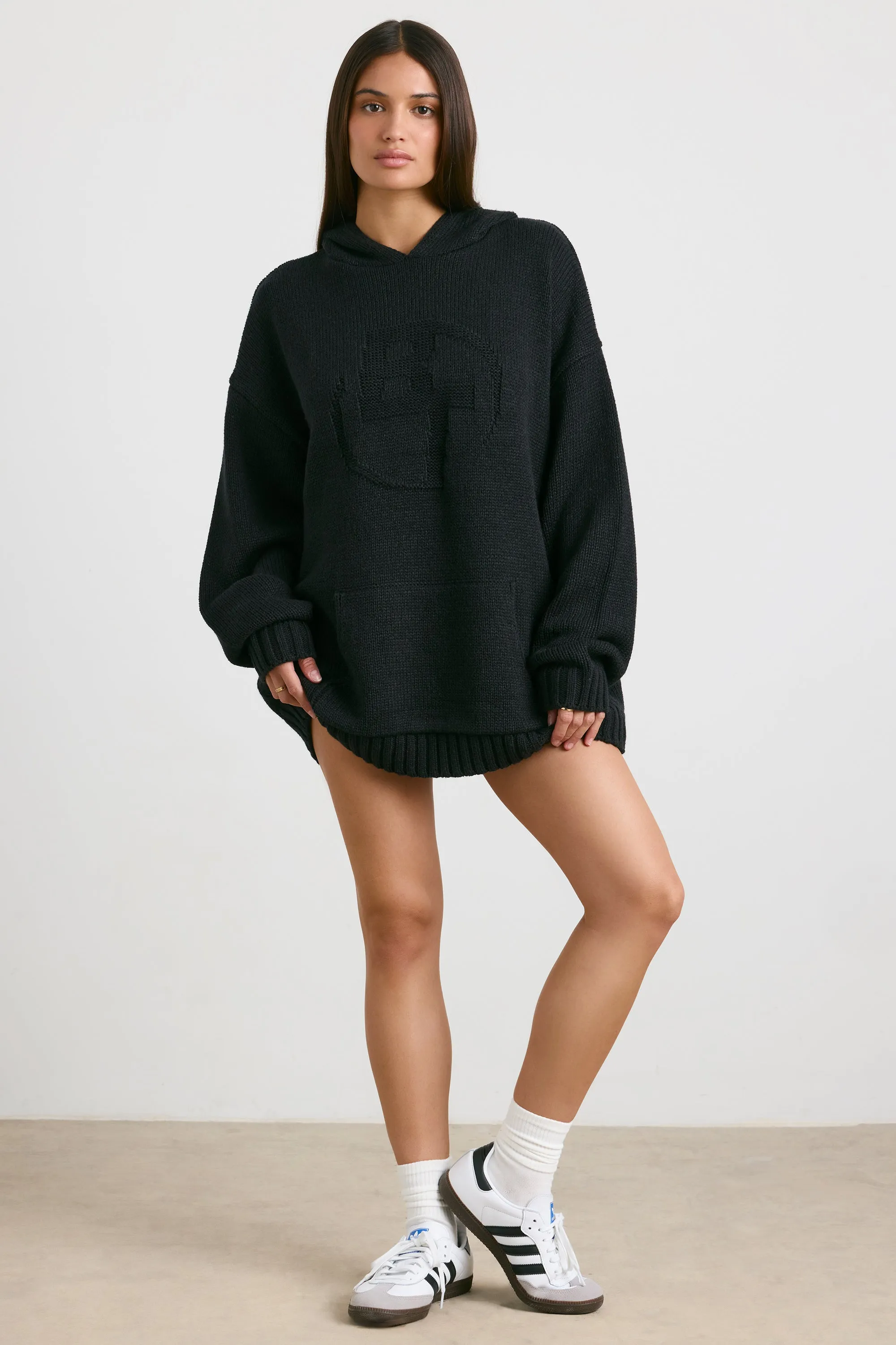 Oversized Chunky Knit Hoodie in Black