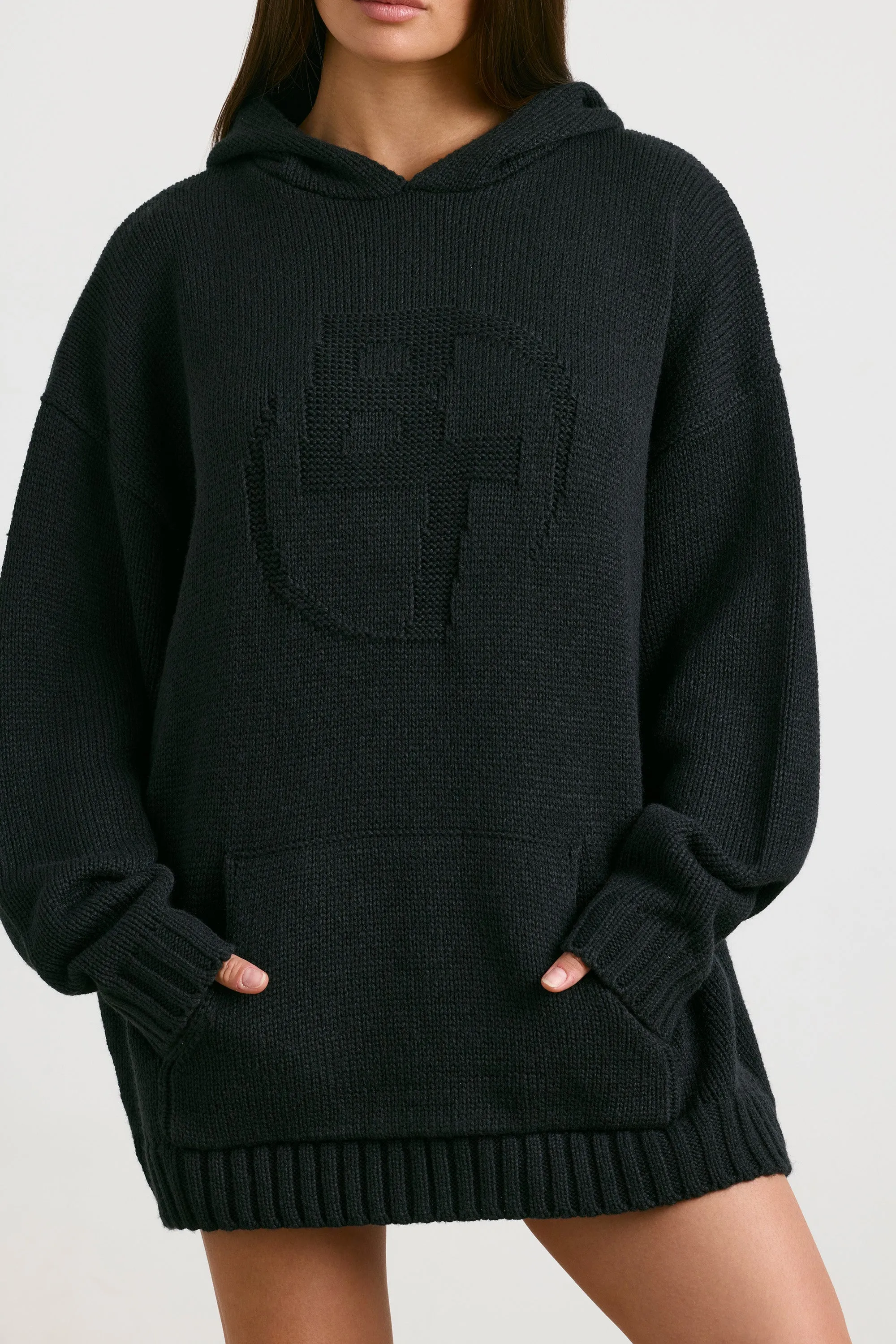 Oversized Chunky Knit Hoodie in Black