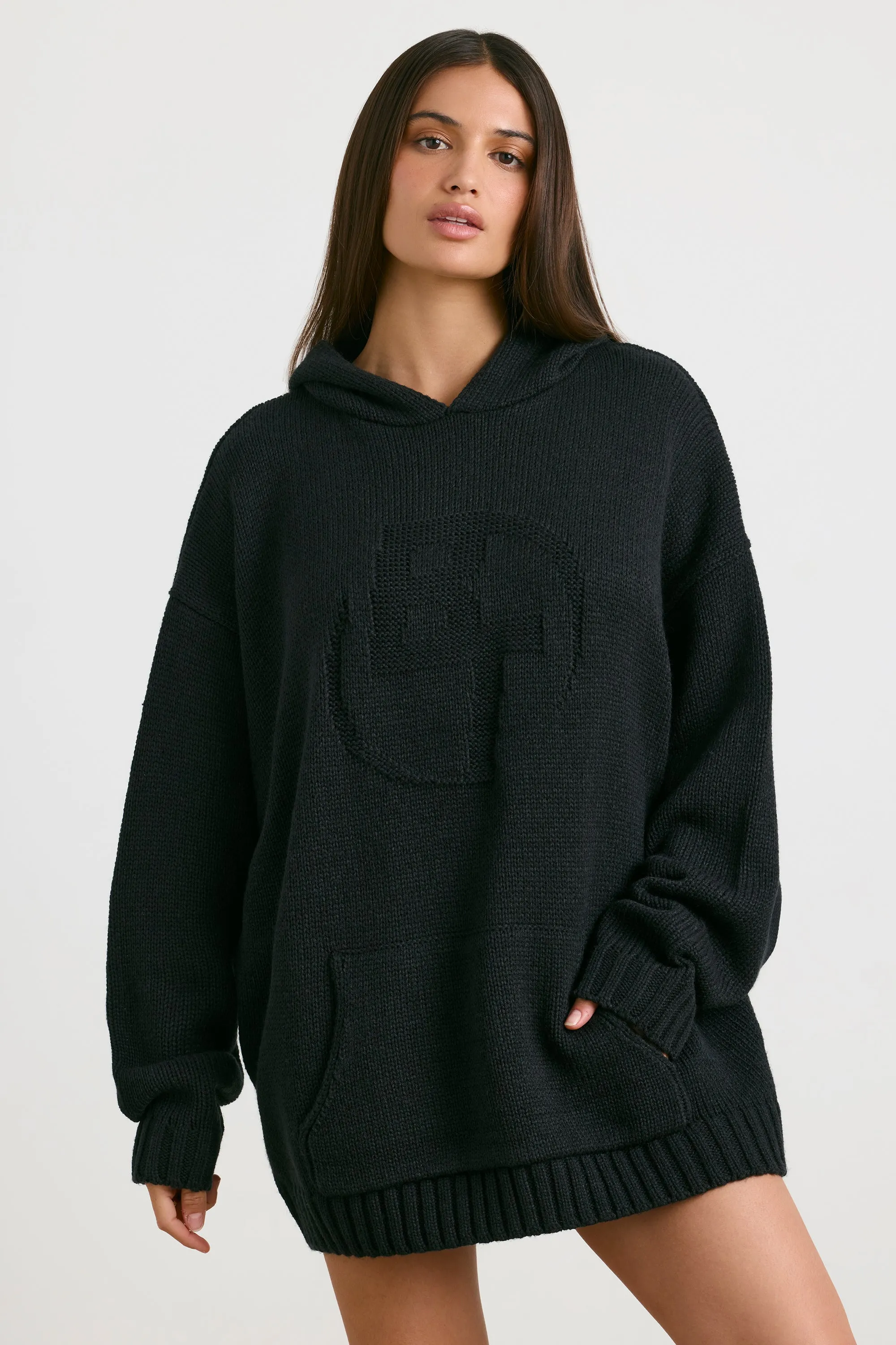 Oversized Chunky Knit Hoodie in Black