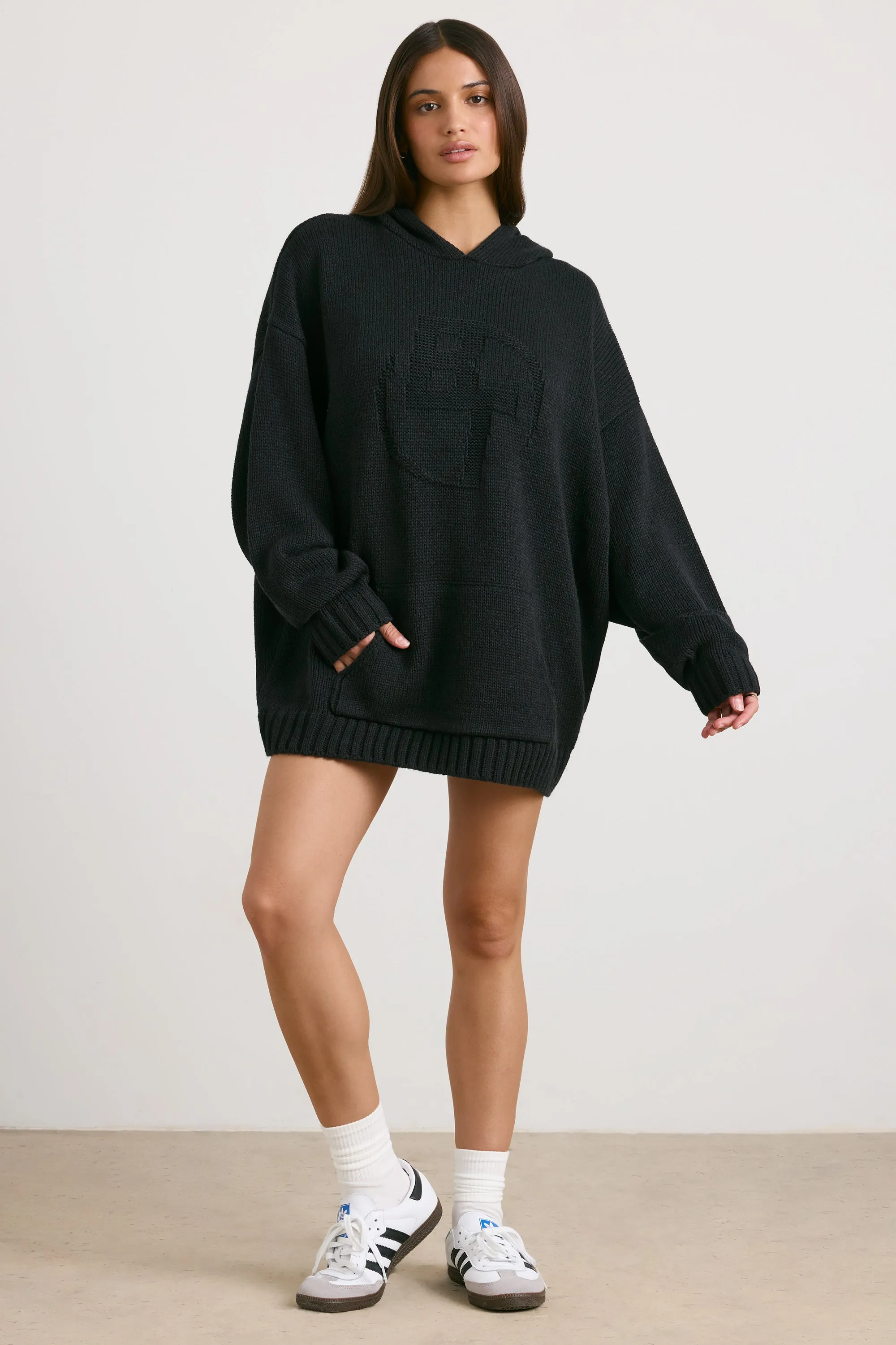 Oversized Chunky Knit Hoodie in Black