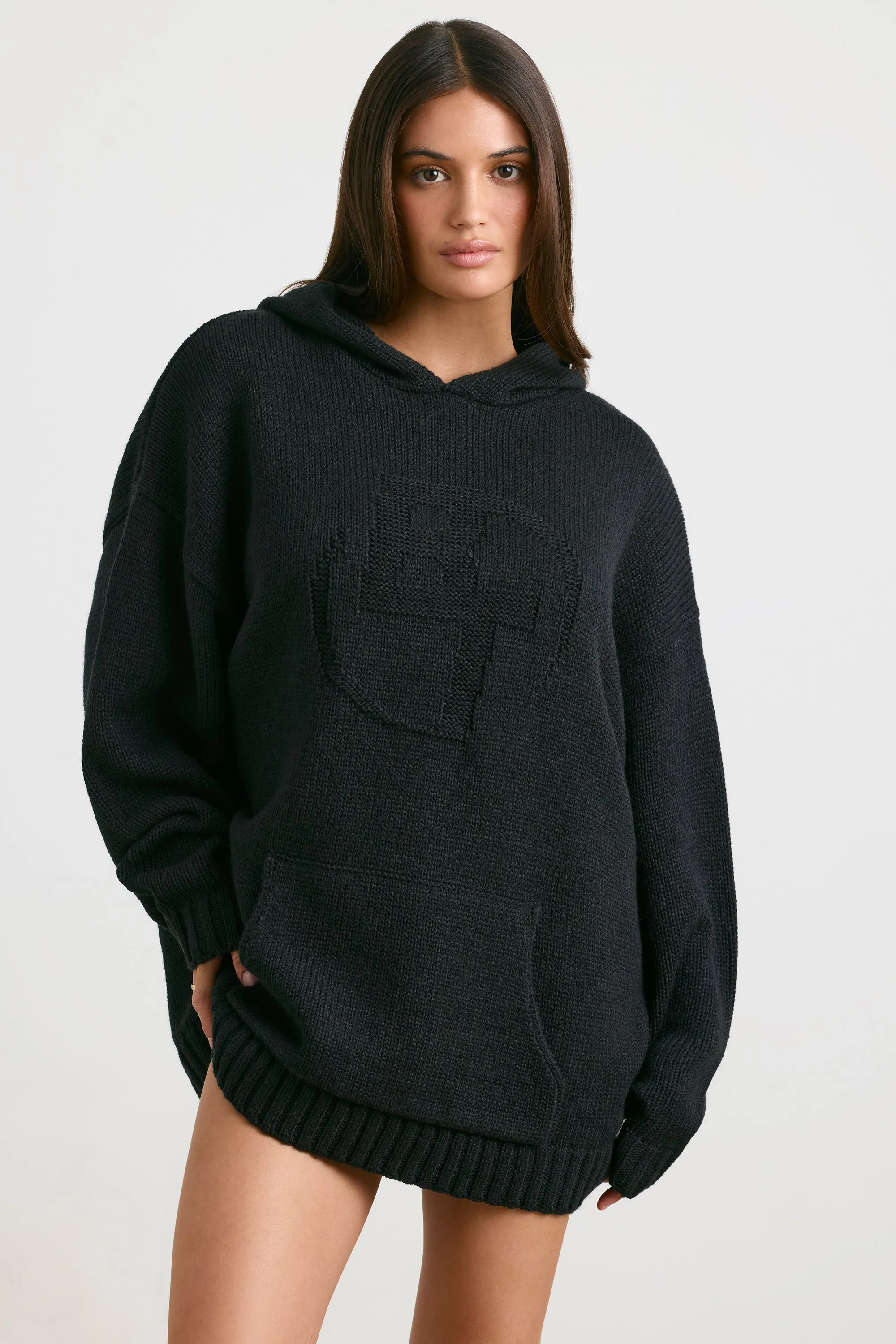 Oversized Chunky Knit Hoodie in Black