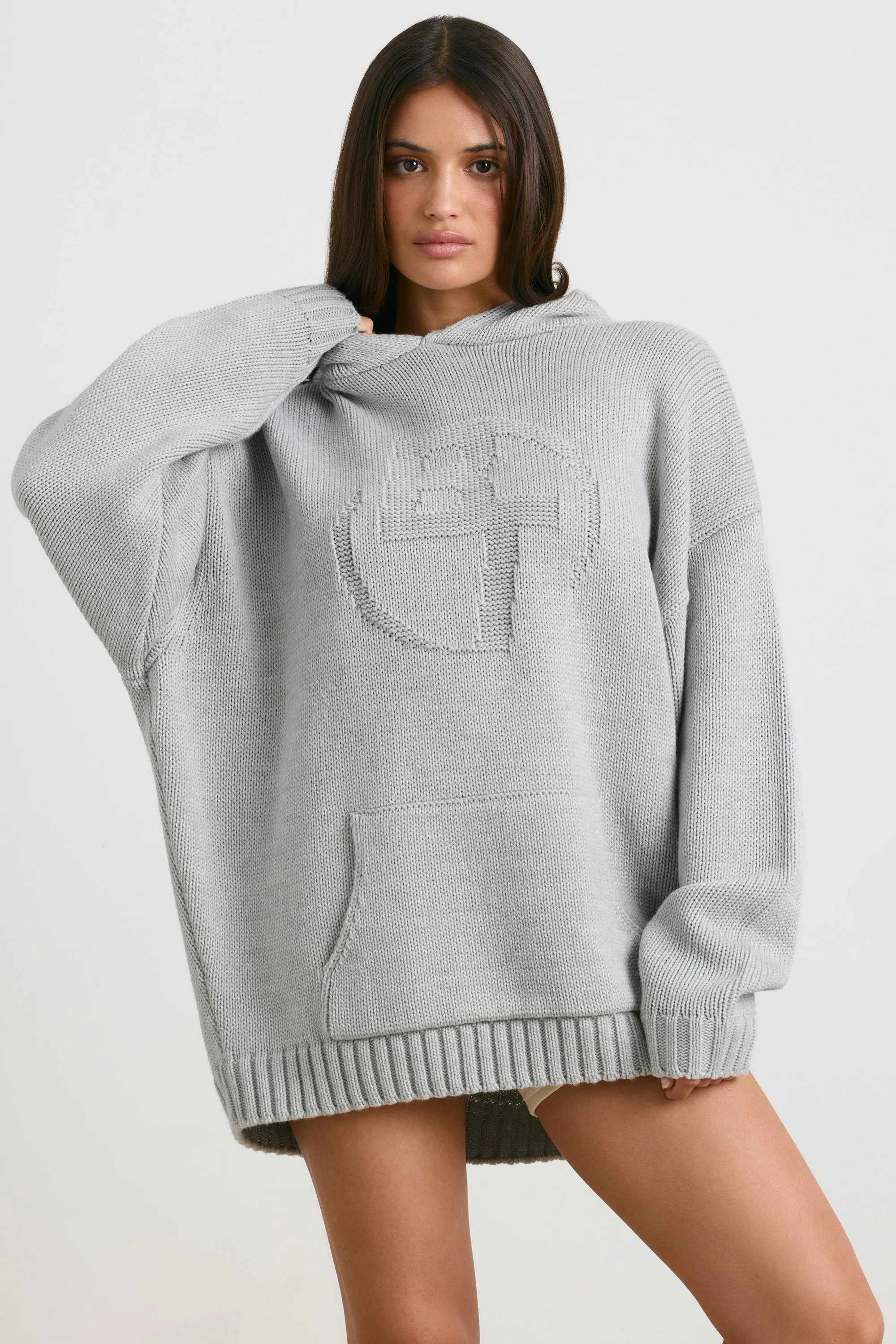 Oversized Chunky Knit Hoodie in Heather Grey