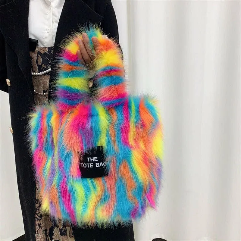 Rainbow Faux Fur Crossbody Tote Bag with Large Capacity