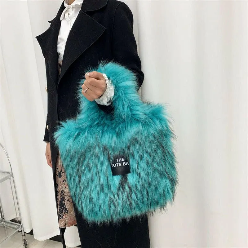 Rainbow Faux Fur Crossbody Tote Bag with Large Capacity