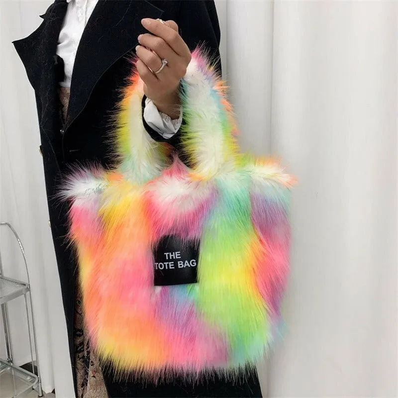 Rainbow Faux Fur Crossbody Tote Bag with Large Capacity