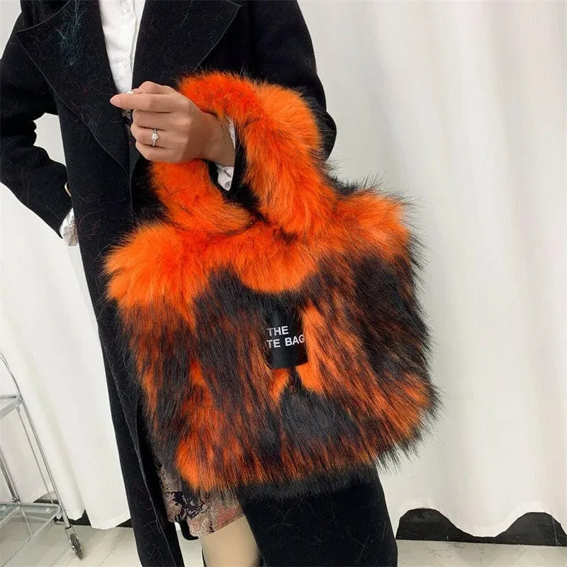 Rainbow Faux Fur Crossbody Tote Bag with Large Capacity