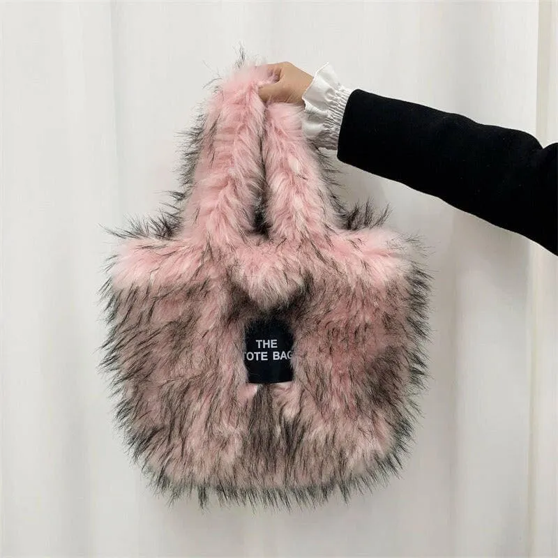 Rainbow Faux Fur Crossbody Tote Bag with Large Capacity