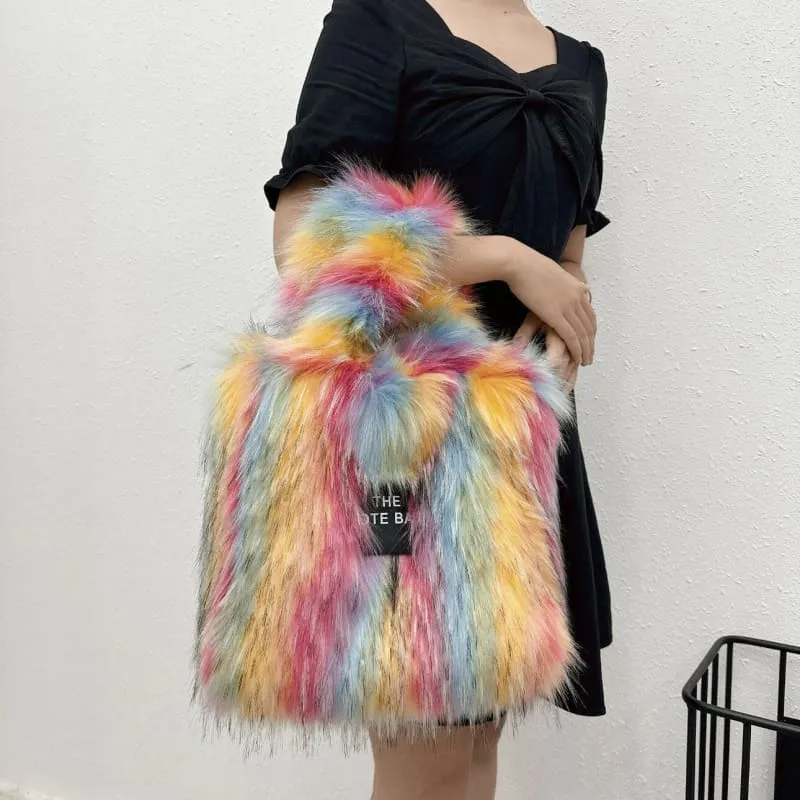 Rainbow Faux Fur Crossbody Tote Bag with Large Capacity