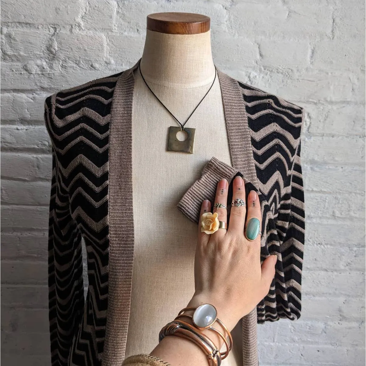 Retro 70s Psychedelic Chevron Knit Cardigan Funky Neutral Earthtone Open Sweater