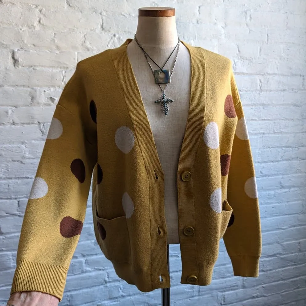 Retro Yellow Polkadot Knit Cardigan Mustard Preppy Sunshine Granny Chic Sweater