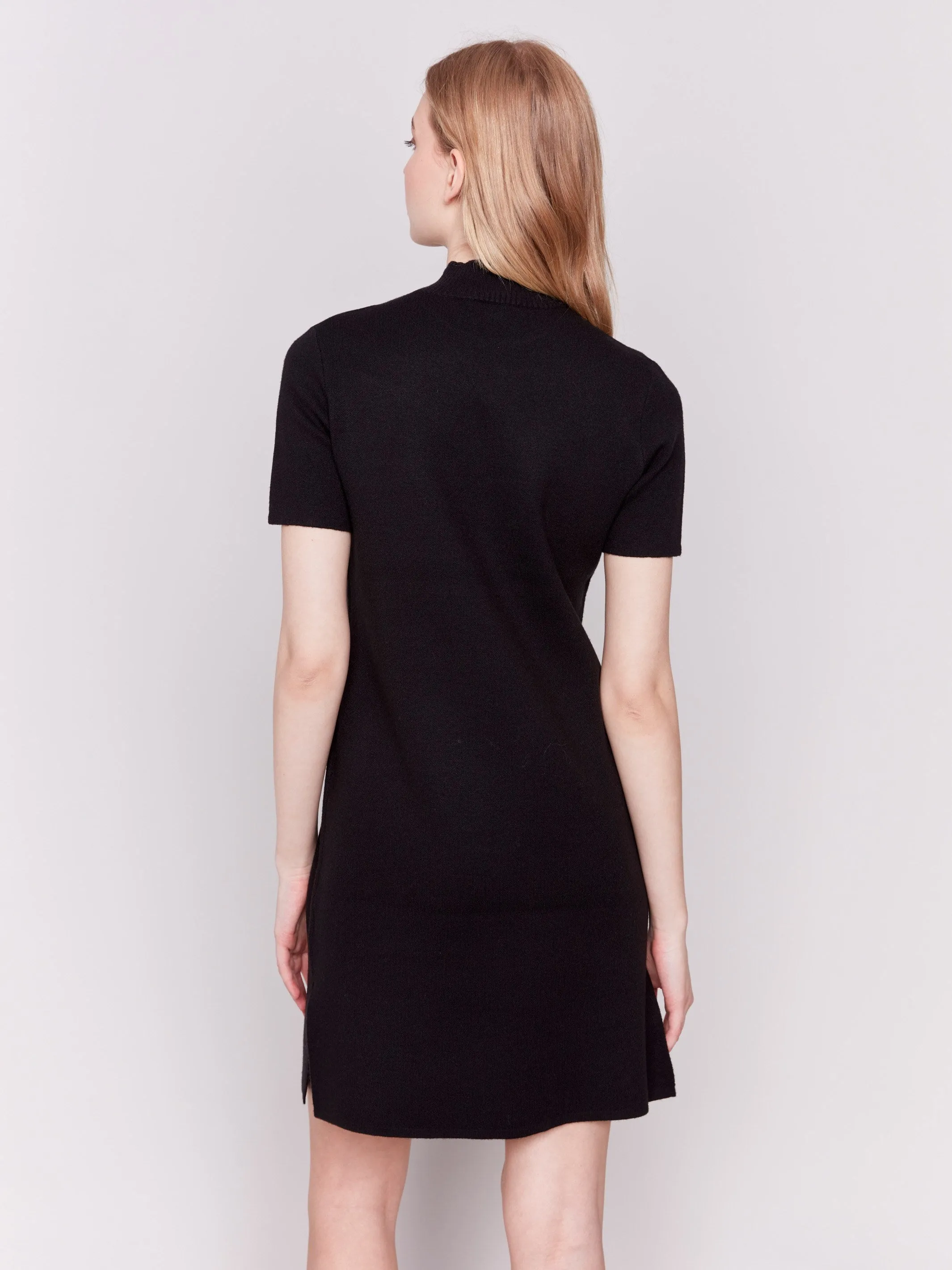 Short-Sleeve Mock Neck Sweater Dress - Black