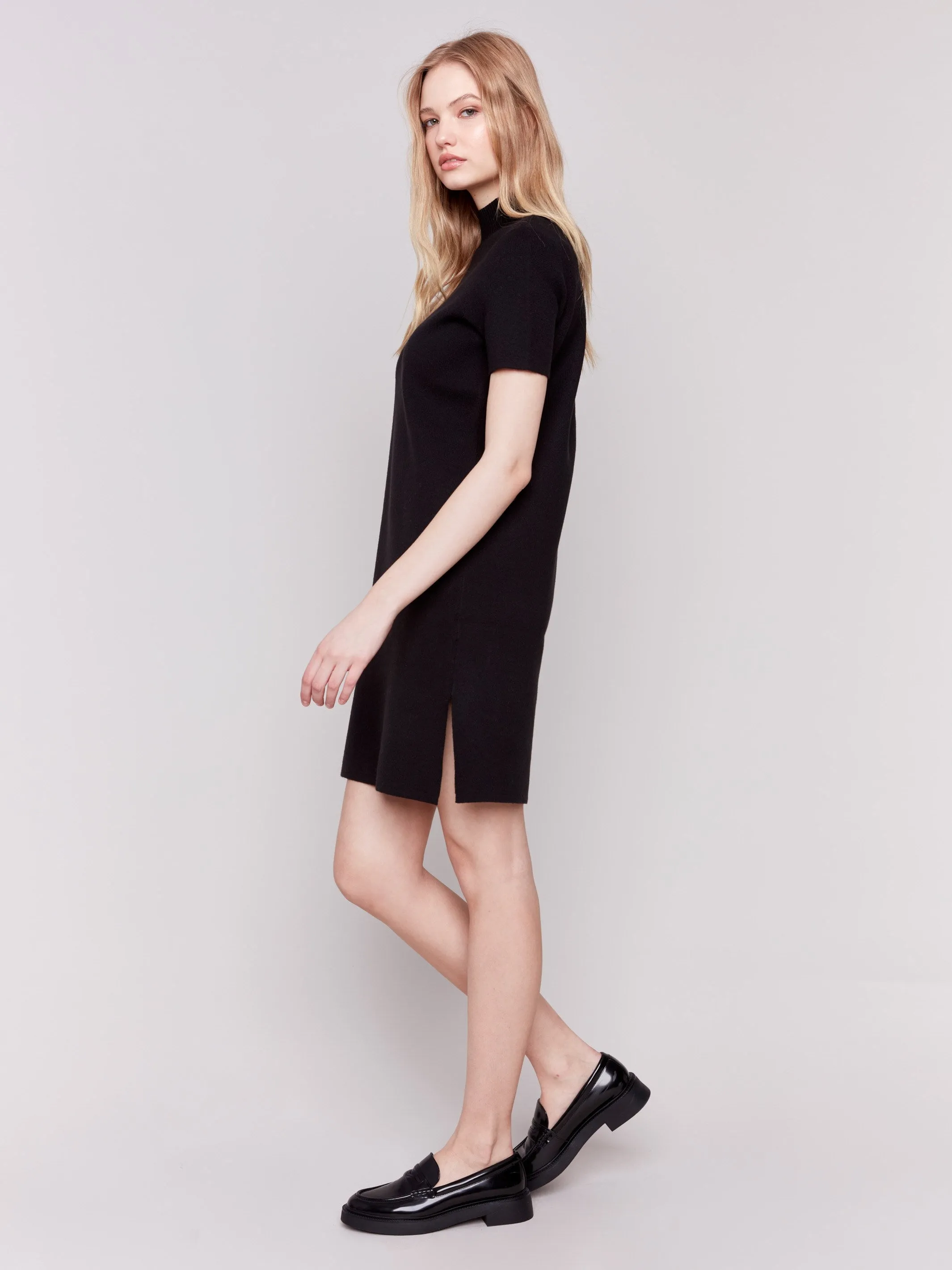 Short-Sleeve Mock Neck Sweater Dress - Black