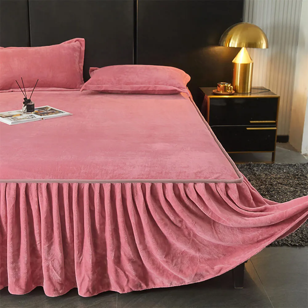 Solid Color Soft Warm Milk Velvet Mattress Cover Protector Bed Skirt