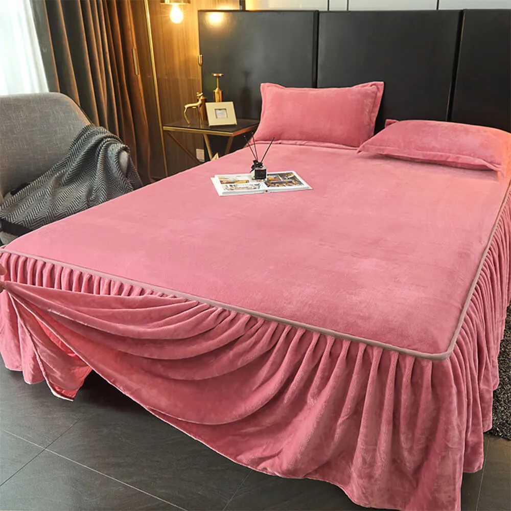 Solid Color Soft Warm Milk Velvet Mattress Cover Protector Bed Skirt