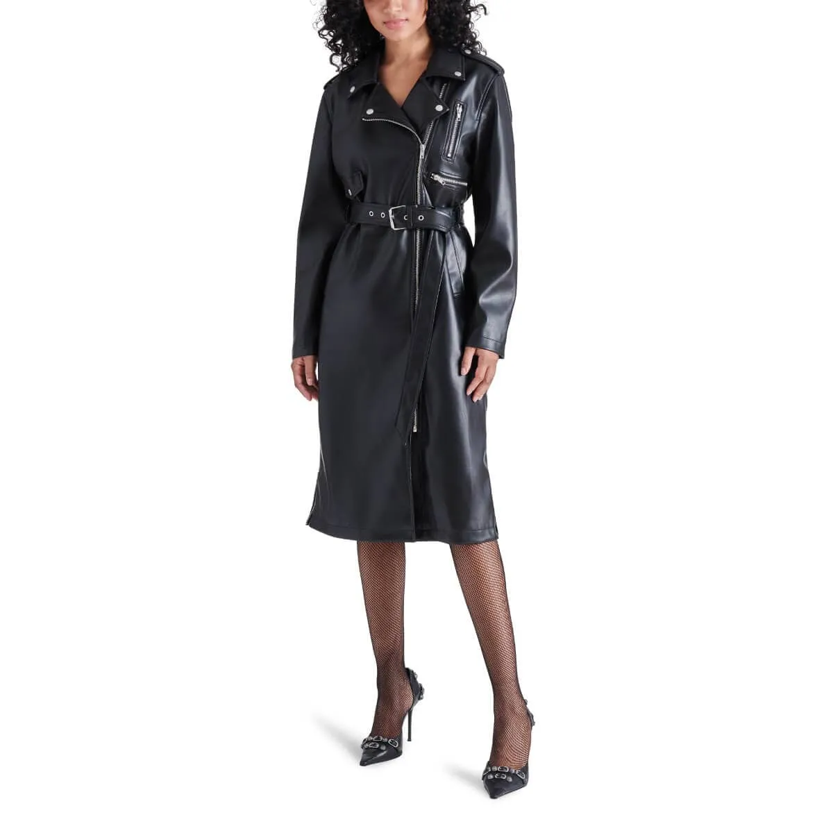 Steve Madden Kenna Faux Leather Long Moto Trench Coat