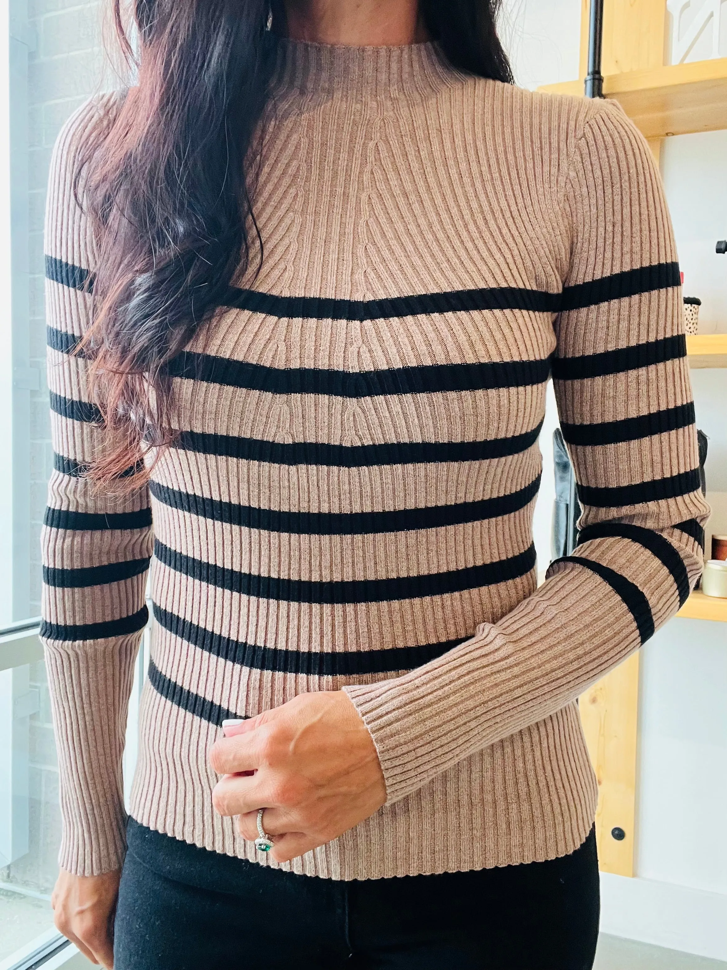 Stripe Mock Neck Sweater in Mocha