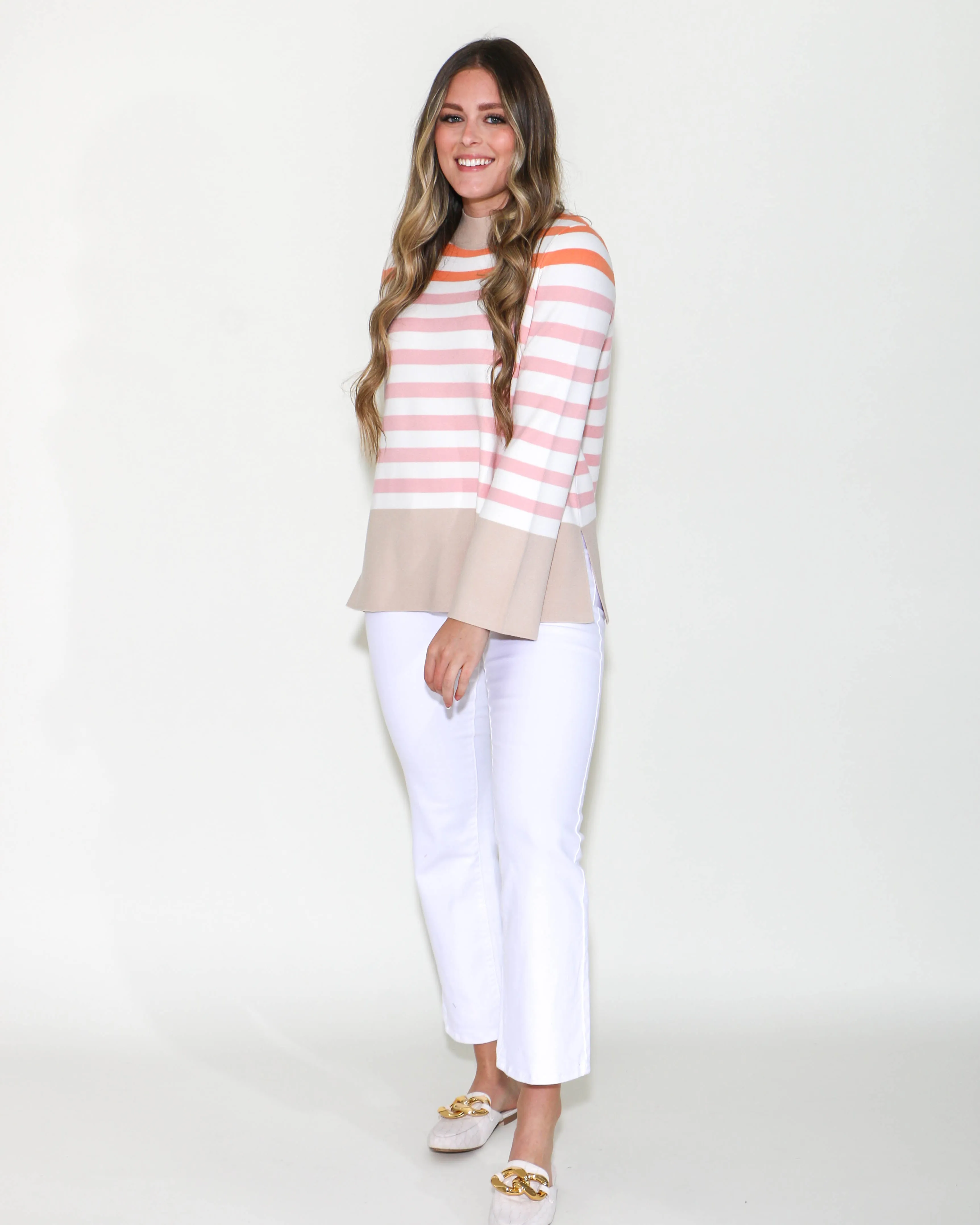 Stripe Mock Neck Tunic Sweater