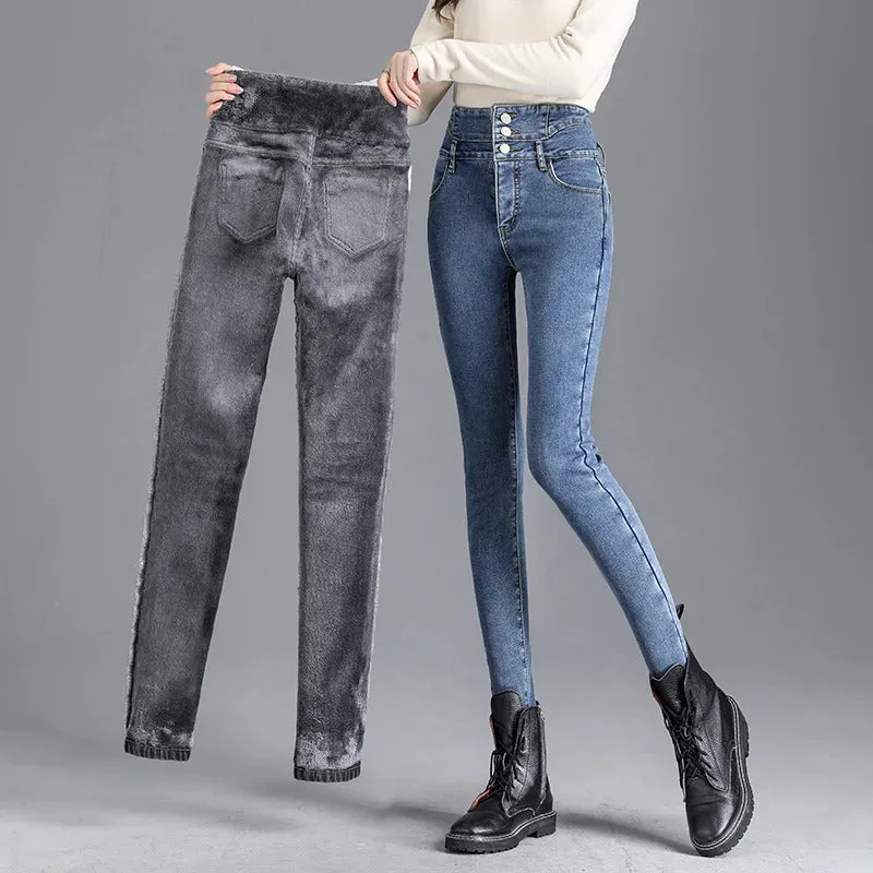 Thermal Winter Thick Fleece High-waist Warm Skinny Jeans Thick Women Stretch Button Pencil Pants Mom Casual Velvet Jeans