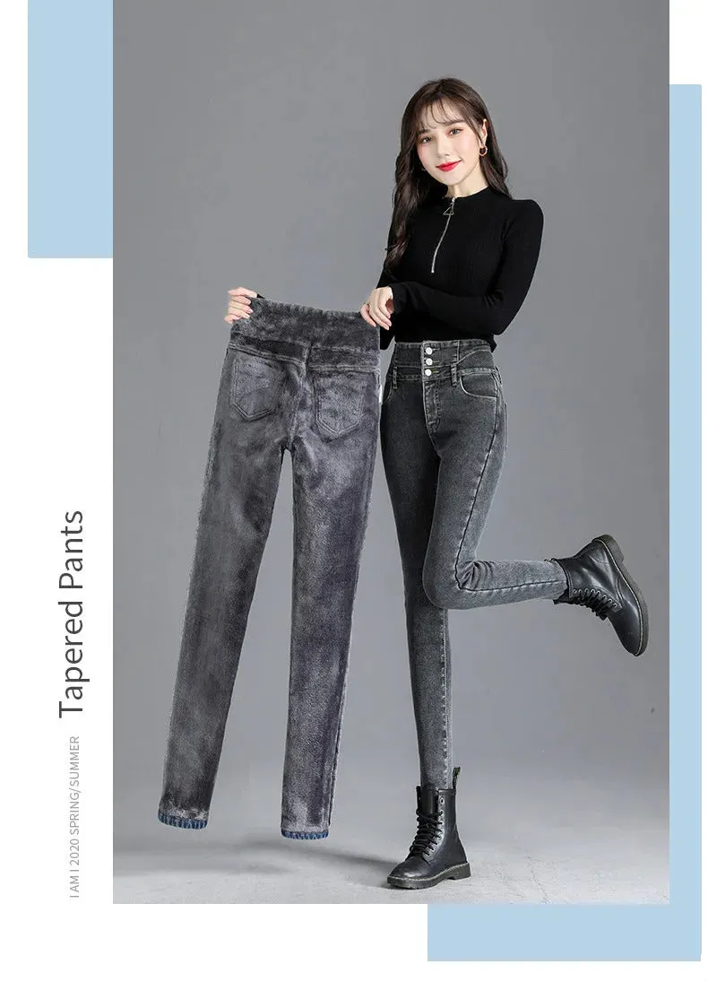 Thermal Winter Thick Fleece High-waist Warm Skinny Jeans Thick Women Stretch Button Pencil Pants Mom Casual Velvet Jeans