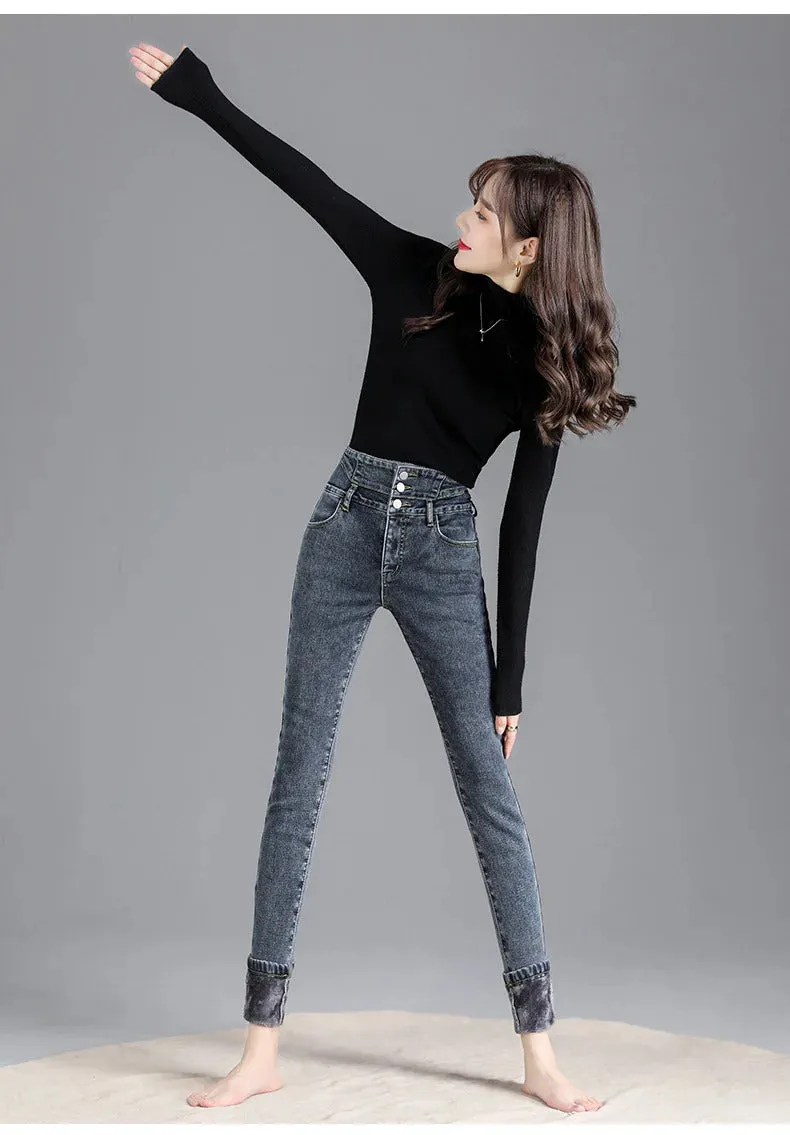 Thermal Winter Thick Fleece High-waist Warm Skinny Jeans Thick Women Stretch Button Pencil Pants Mom Casual Velvet Jeans