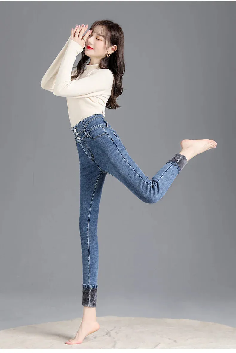 Thermal Winter Thick Fleece High-waist Warm Skinny Jeans Thick Women Stretch Button Pencil Pants Mom Casual Velvet Jeans