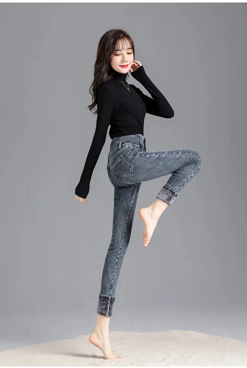 Thermal Winter Thick Fleece High-waist Warm Skinny Jeans Thick Women Stretch Button Pencil Pants Mom Casual Velvet Jeans