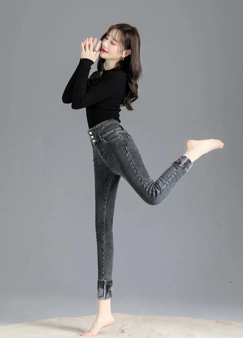 Thermal Winter Thick Fleece High-waist Warm Skinny Jeans Thick Women Stretch Button Pencil Pants Mom Casual Velvet Jeans