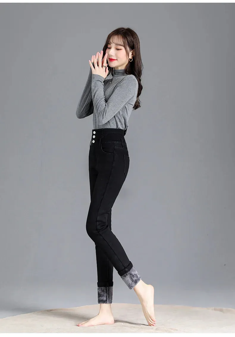 Thermal Winter Thick Fleece High-waist Warm Skinny Jeans Thick Women Stretch Button Pencil Pants Mom Casual Velvet Jeans