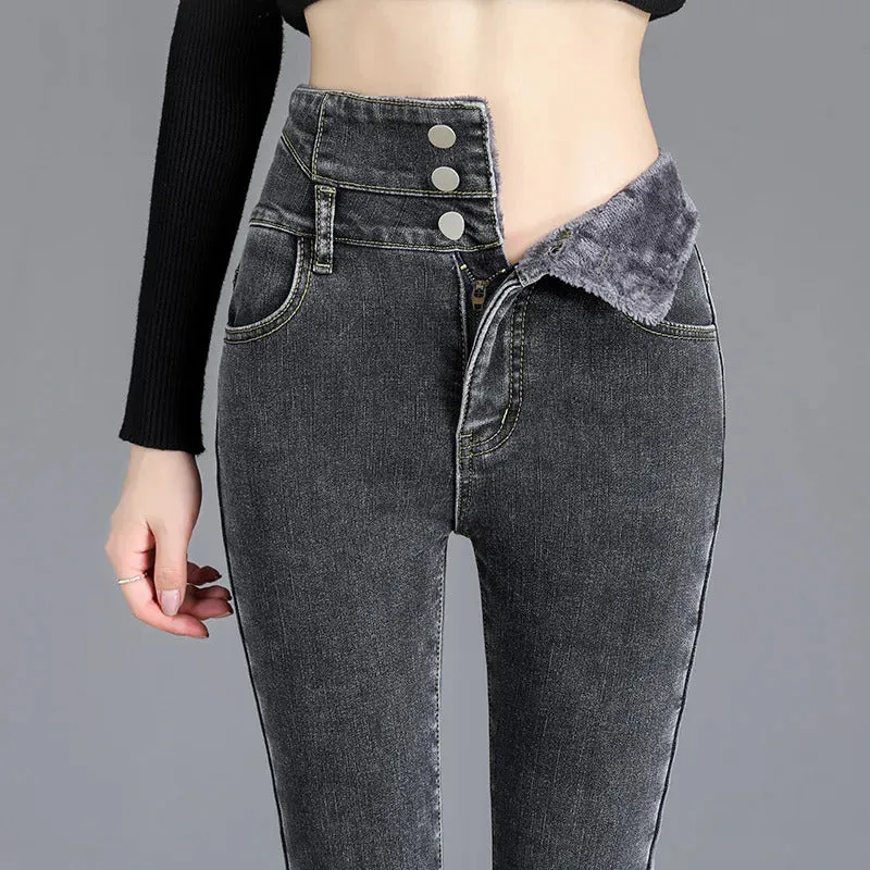 Thermal Winter Thick Fleece High-waist Warm Skinny Jeans Thick Women Stretch Button Pencil Pants Mom Casual Velvet Jeans