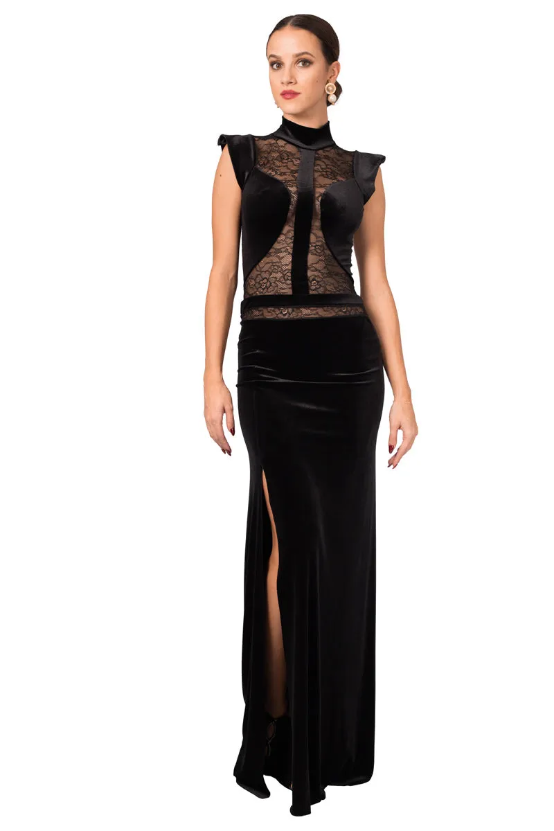 Velvet Floor-length Gown With Lace Top