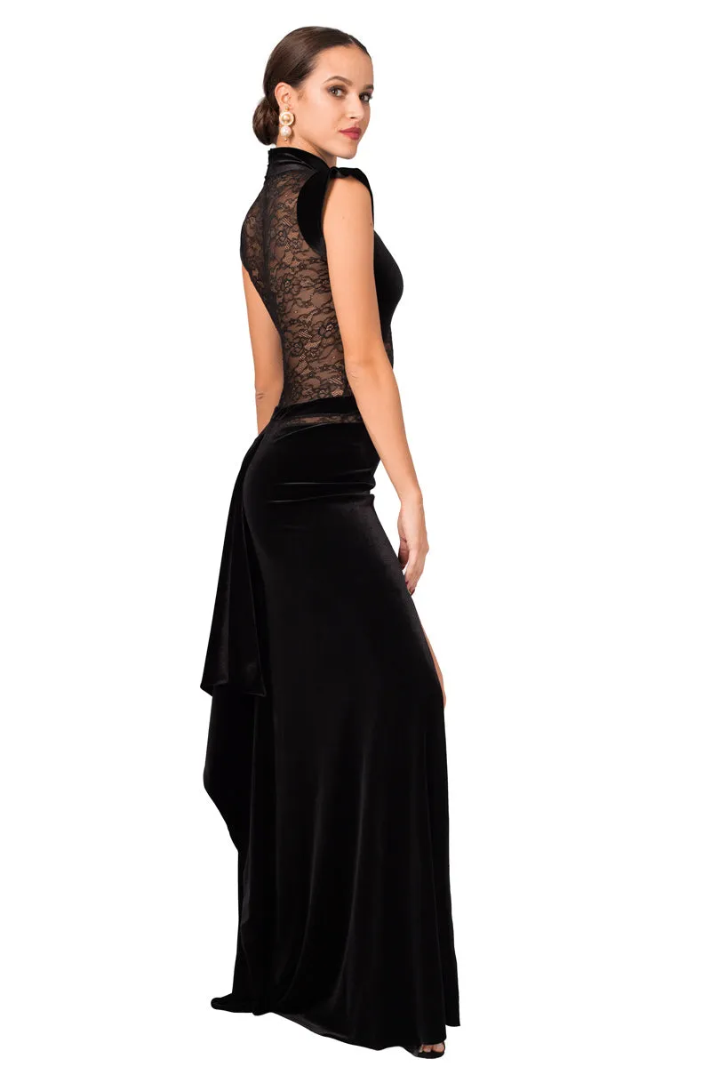 Velvet Floor-length Gown With Lace Top