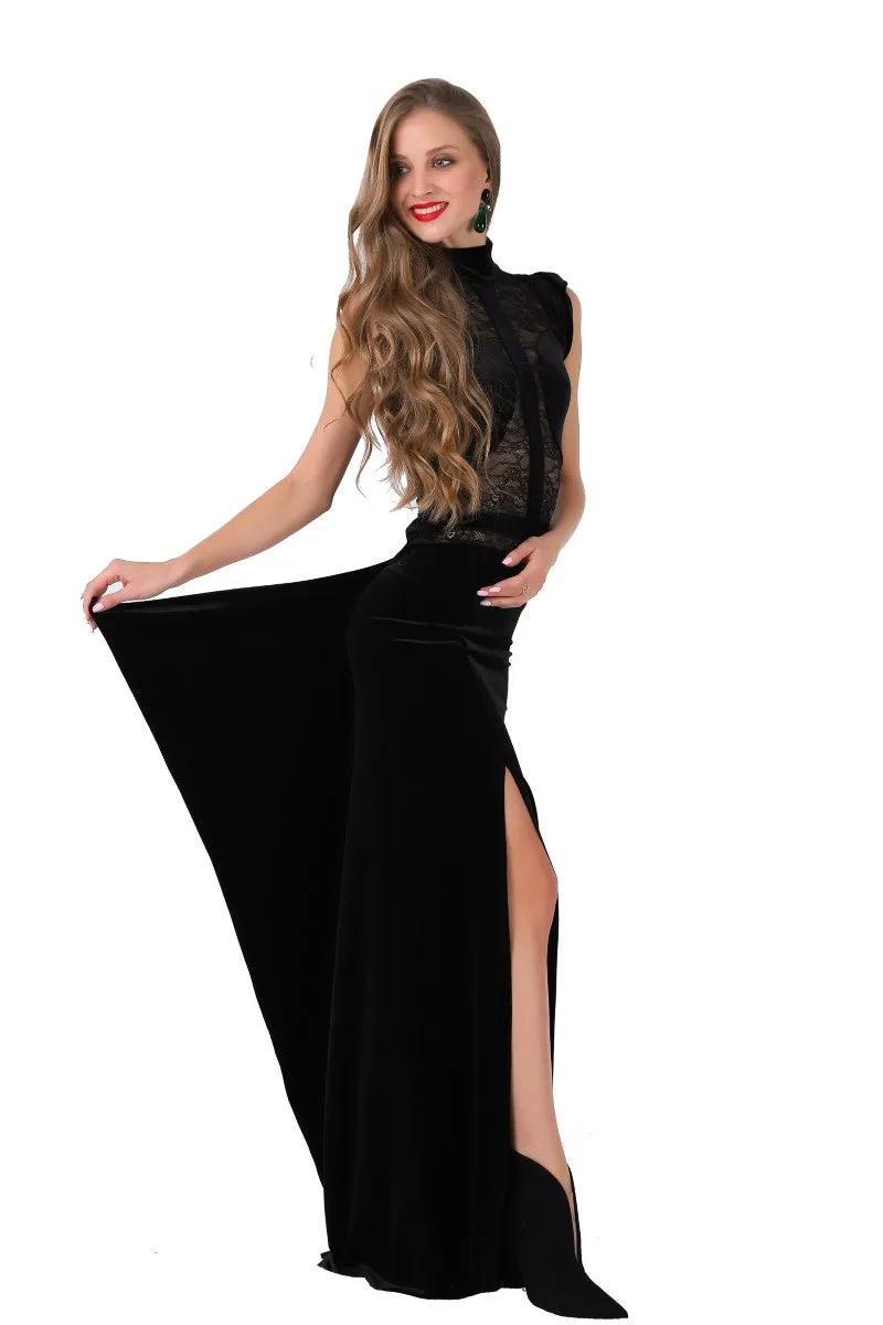 Velvet Floor-length Gown With Lace Top