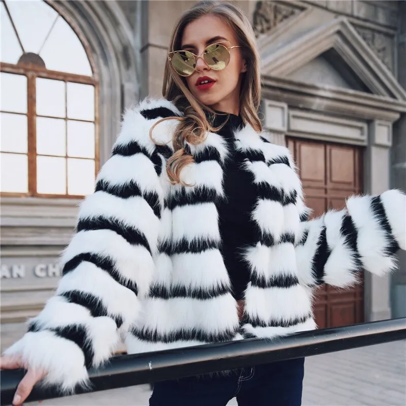 Winter Black and white striped faux fur coat fur coats Women Elegant